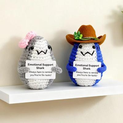 Funny Crochet Positive Energy Cowboy Hat Shark Doll With Card Home Room Decoration New Handmade Knitted Shark Ornament Gift