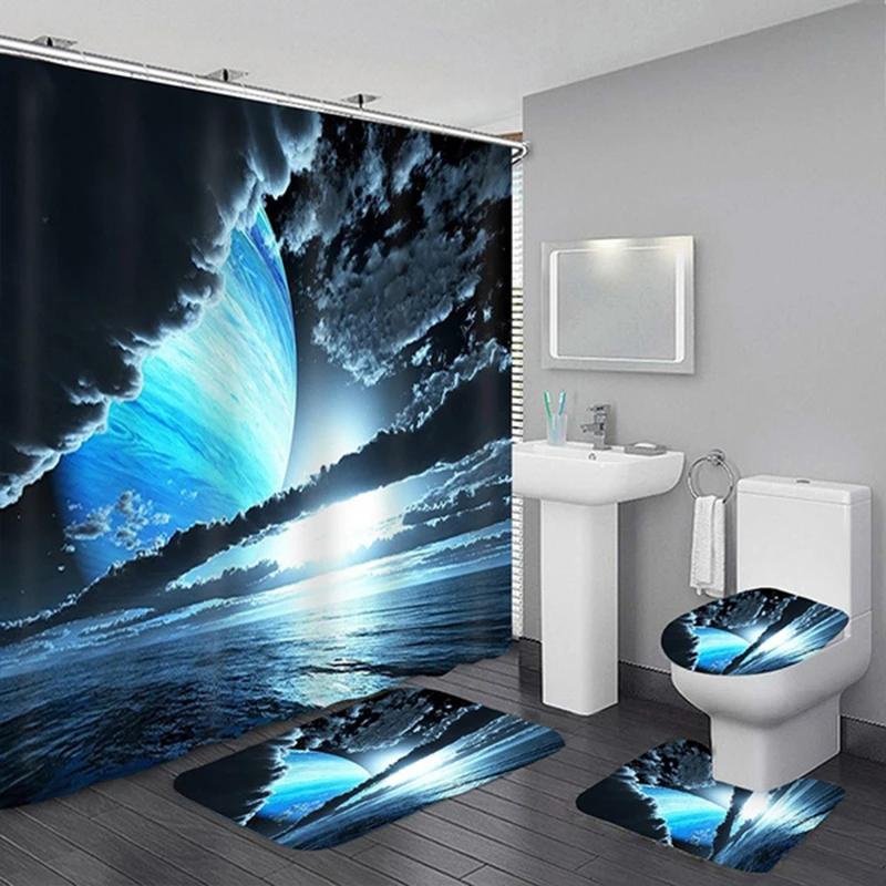 Wasserdichte Duschvorhang-Sets Mit Teppichen Mondlicht Meereslandschaft Badteppich Und Matten Haken Toilettensitzbezug Badezimmerdekoration