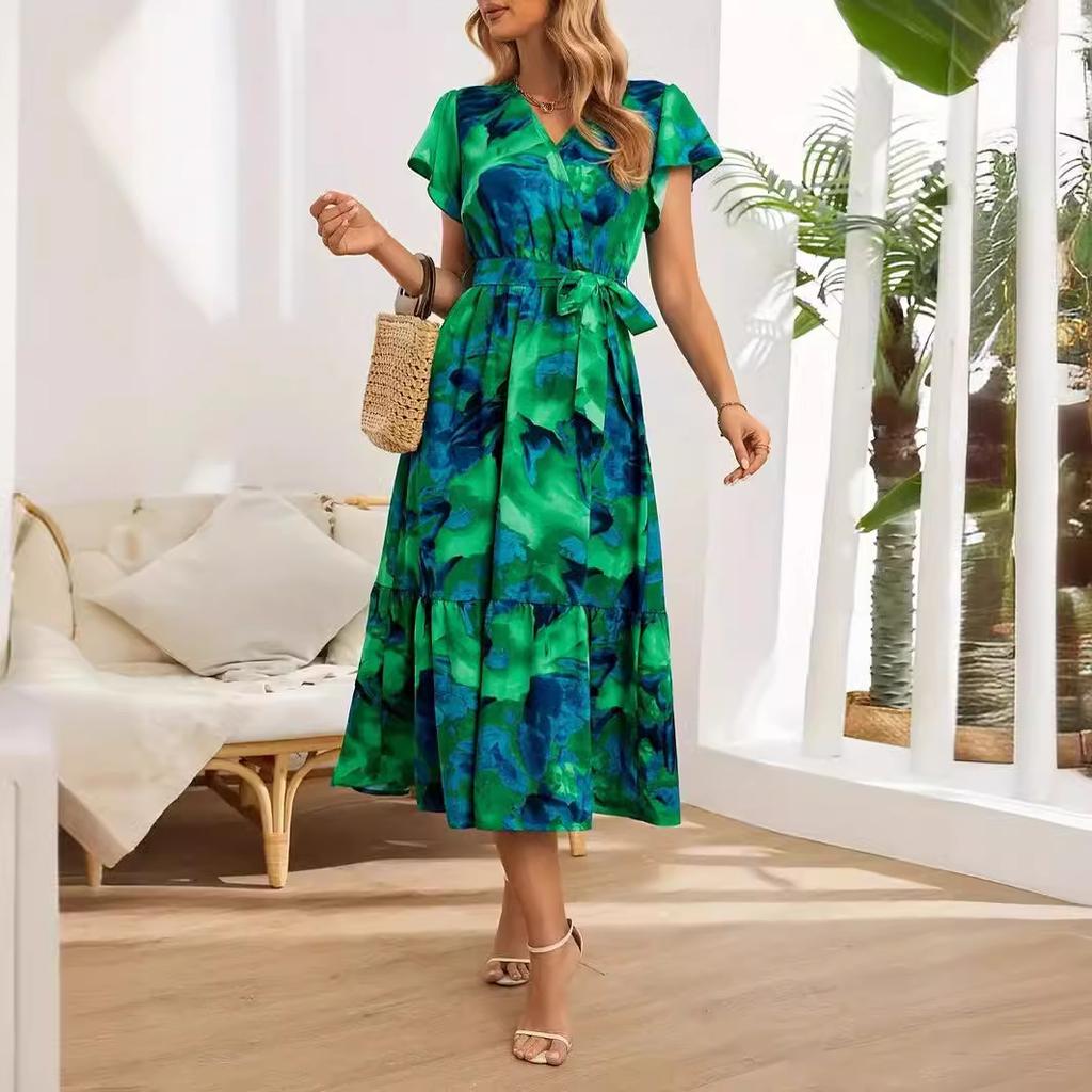 Dlouhé šaty s květinovým potiskem pro ženy s překříženým výstřihem do V vázanka v pase s volánkem s krátkým rukávem Patchworkové maxi šaty letní prodyšné lehké šaty na dovolenou