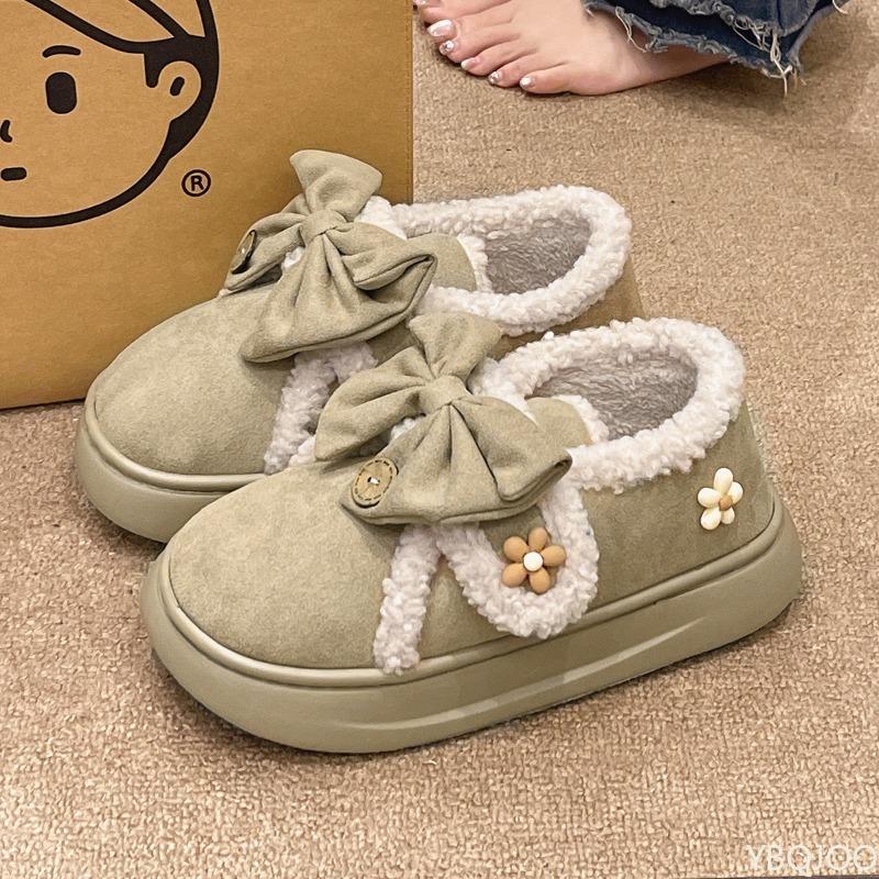 Fashion Winter Outerwear New Bow Bag Heel Women's Shoes with Velvet Warmth Simplicity Comfort Anti Slip Daily Casual Lazy Slippers
