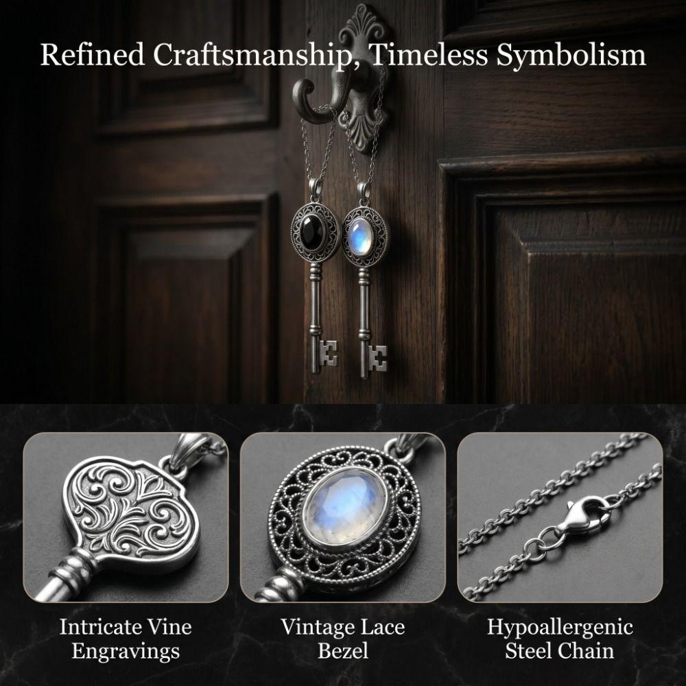Obsidian Key Pendant Necklace Retro Statement Jewellery Black Stone Necklace Valentine's Day Gifts