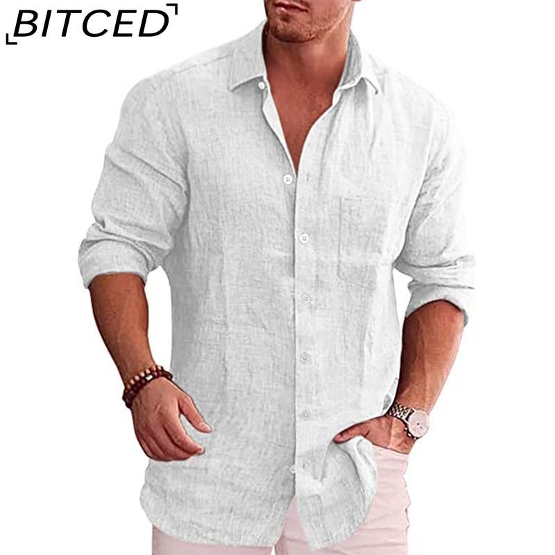 BITCED Мужская свободная оверсайз однотонная рубашка с льняным воротником, повседневная рубашка с длинным рукавом S