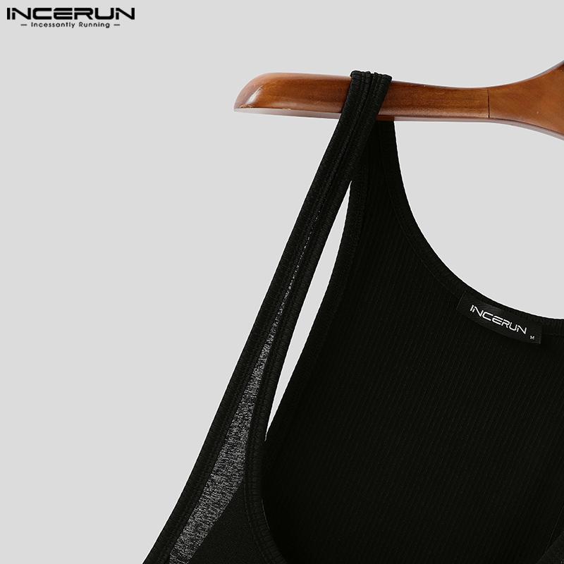 INCERUN Herren Tief ausgeschnittene Ärmellose Halbtransparente Ripp-Jumpsuits Romper Bodysuits Unterwäsche