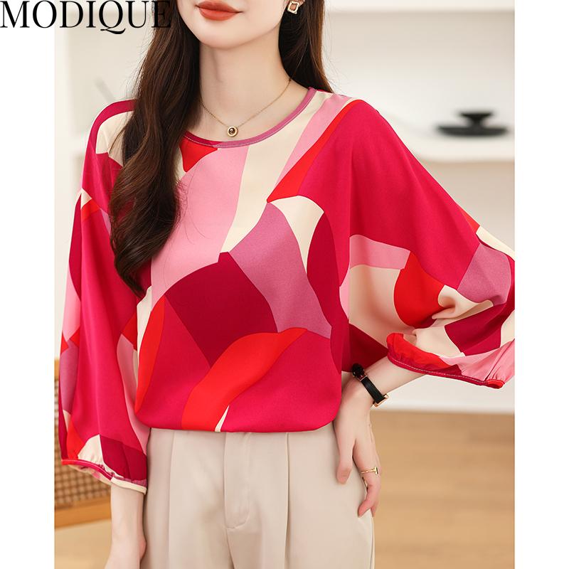 MODIQUE Spring Summer Plus Size Women Loose Silk Geometric Print Batwing Sleeve Blouse Shirts Lady Casual Oversize O-Neck Quarter Sleeve Pullover
