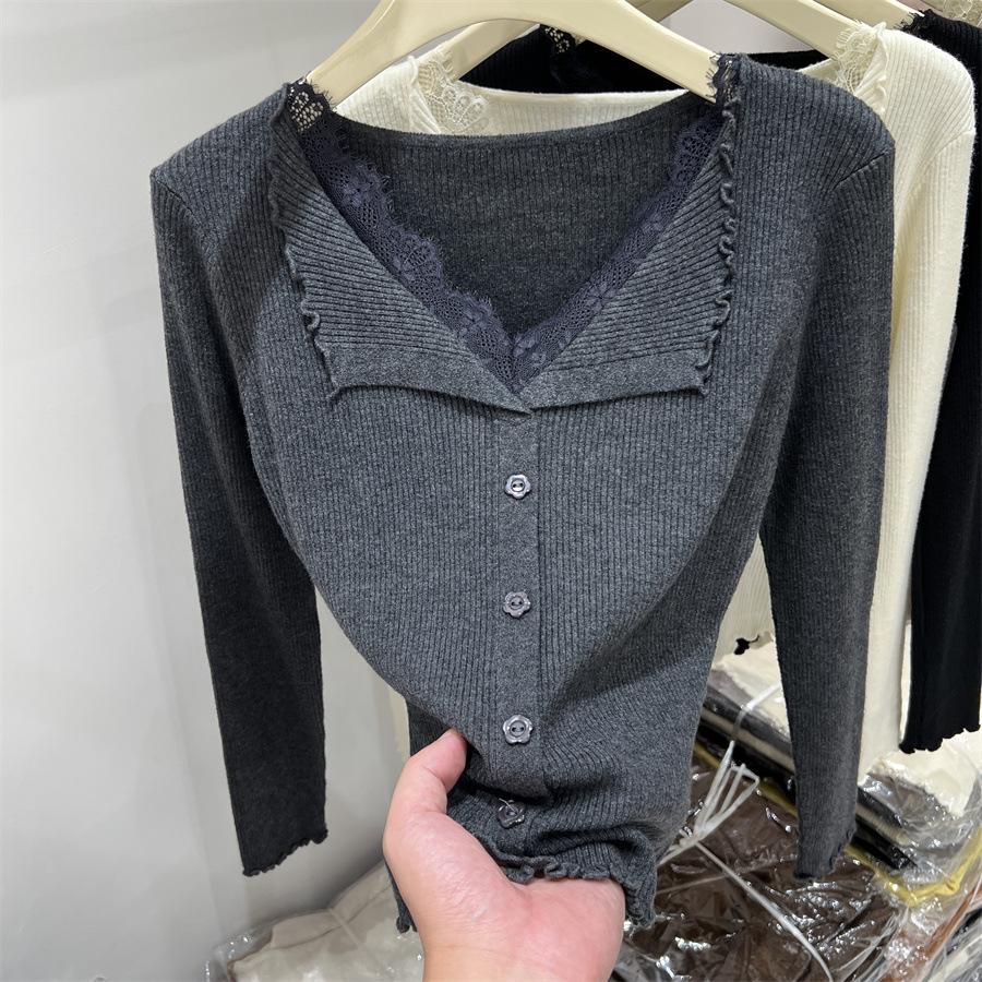 Autumn 2026 Women's Lace Patchwork Ruffle Collar Long Sleeve Knit Sweater