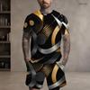 Men s Plus Size Dark Green Gold Printed Round Neck Short Sleeve Top And Shorts Two Piece Set