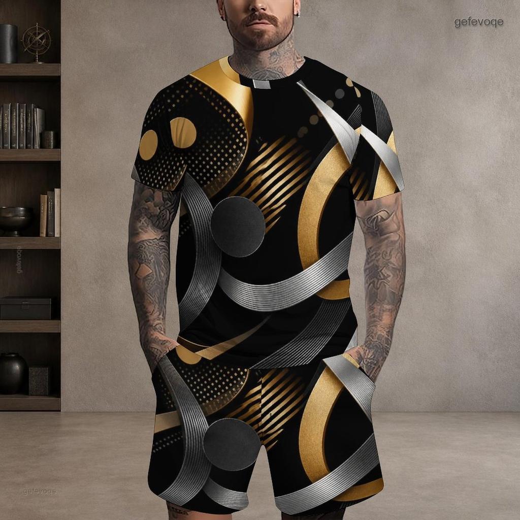 Men s Plus Size Dark Green Gold Printed Round Neck Short Sleeve Top And Shorts Two Piece Set