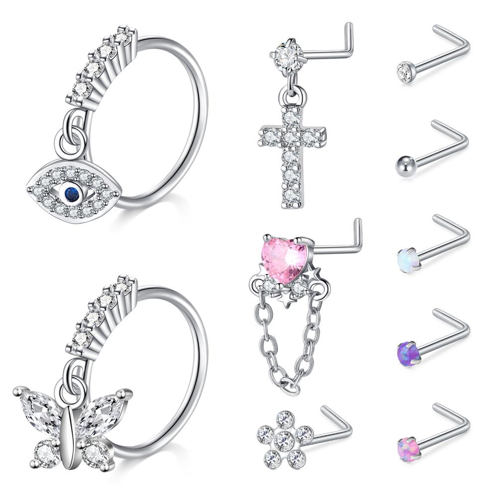 10Pcs Nose Rings Studs Surgical Steel 18 20G Nose Hoop Corkscrew L Shaped Nose Piercing Jewelry for Women