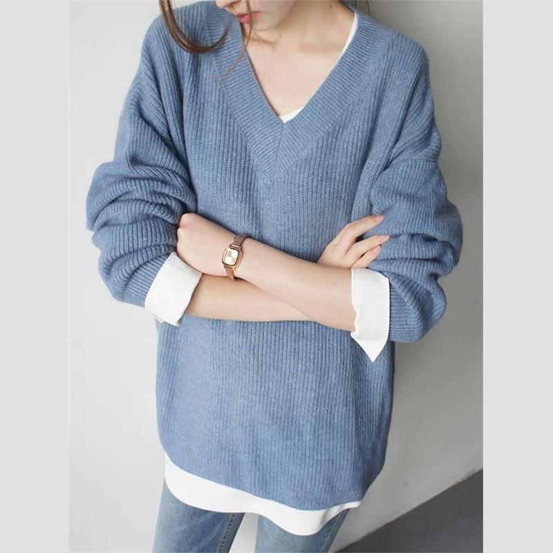 Loose and Lazy Wind V-neck Knitted Sweater Women's Autumn and Winter Thickened High-end Soft Waxy Sweater Bottoming Shirt Top