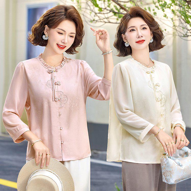 Elegant Chinese Style Spring/Summer T-Shirt for Middle-Aged and Older Women 1XL to 5XL