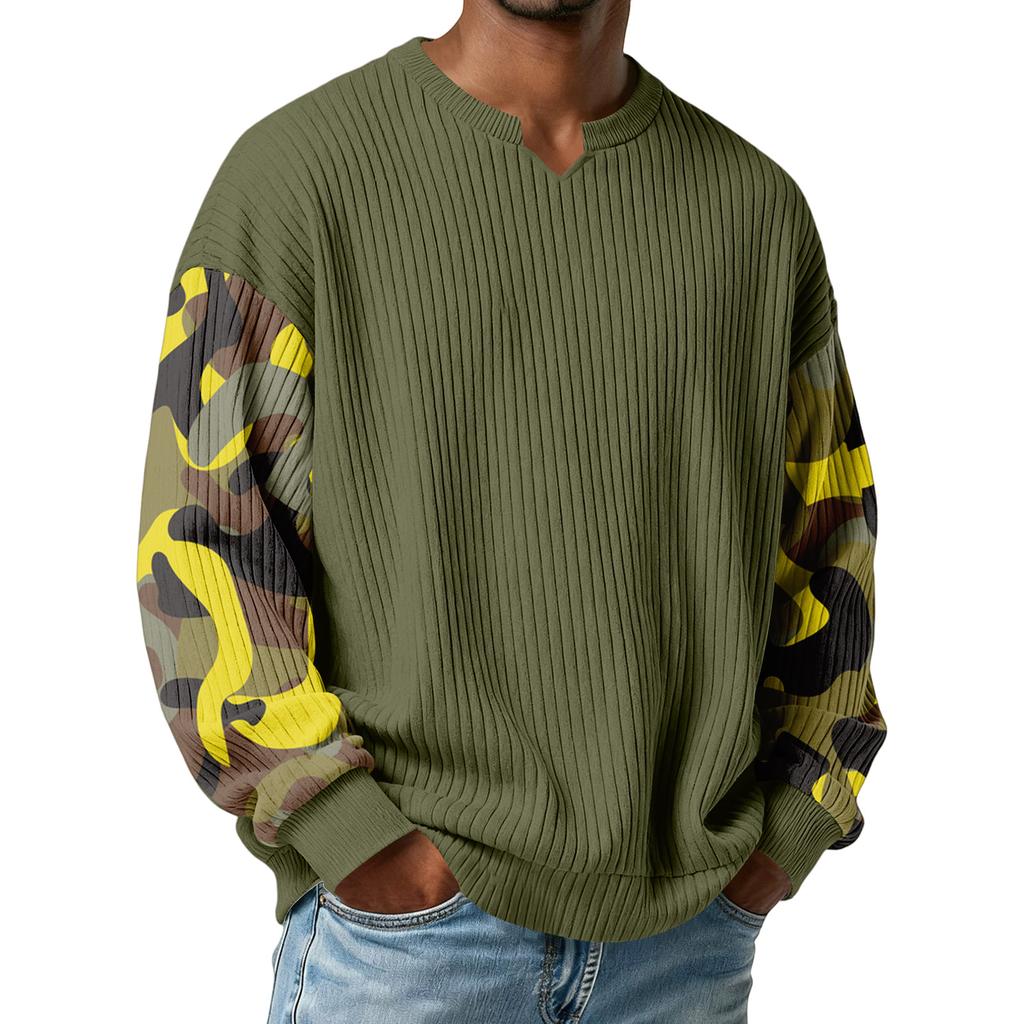 Men's Camouflage Stylish V-Neck Ribbed Textured Long-Sleeve T-Shirt