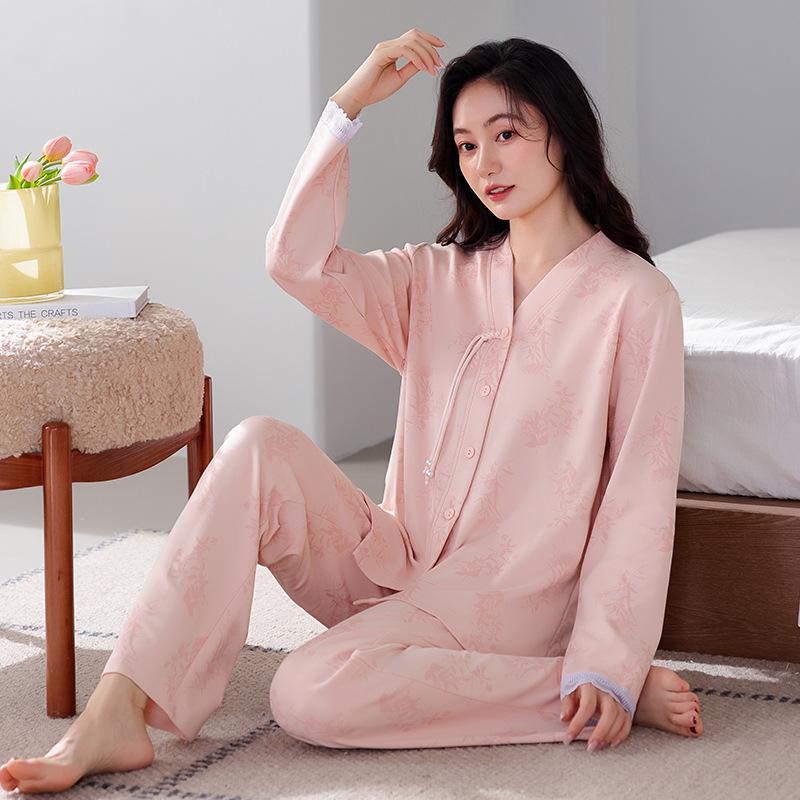 Pure cotton pajamas women's spring and autumn long-sleeved cardigan women's autumn new Chinese V-neck national style loungewear large size set