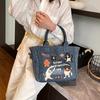 2025 New Trendy Cartoon Cat Print Denim Bucket Bag Versatile Casual Commuter Large Capacity Crossbody Shoulder Bag for Women