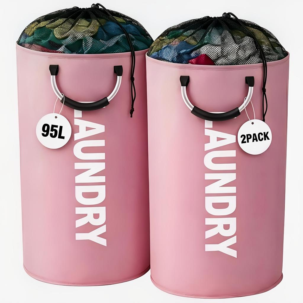 2-Pack Oxford Fabric Foldable Laundry Baskets, 25.1gal/30.38gal Clothes Storage Bins with Drawstring Closure and Ring Handles