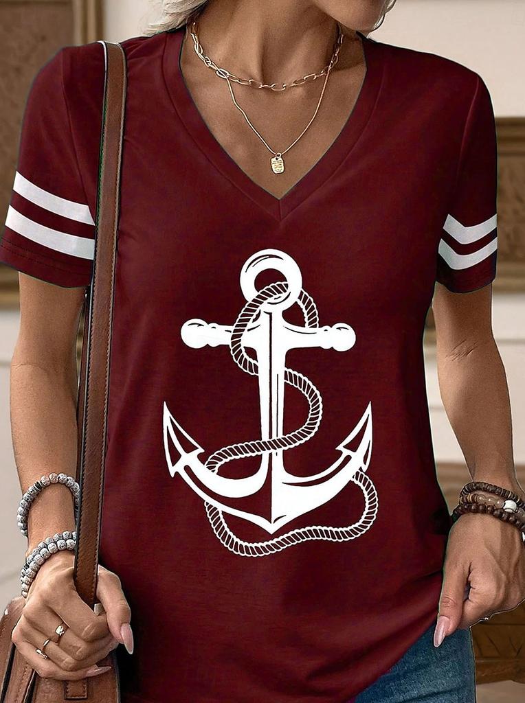 Graphic Striped Anchor 3D Print T-Shirts Women's V-Neck Short Sleeve T Shirt Y2K Oversized Tees Harajuku Tops Female Clothing