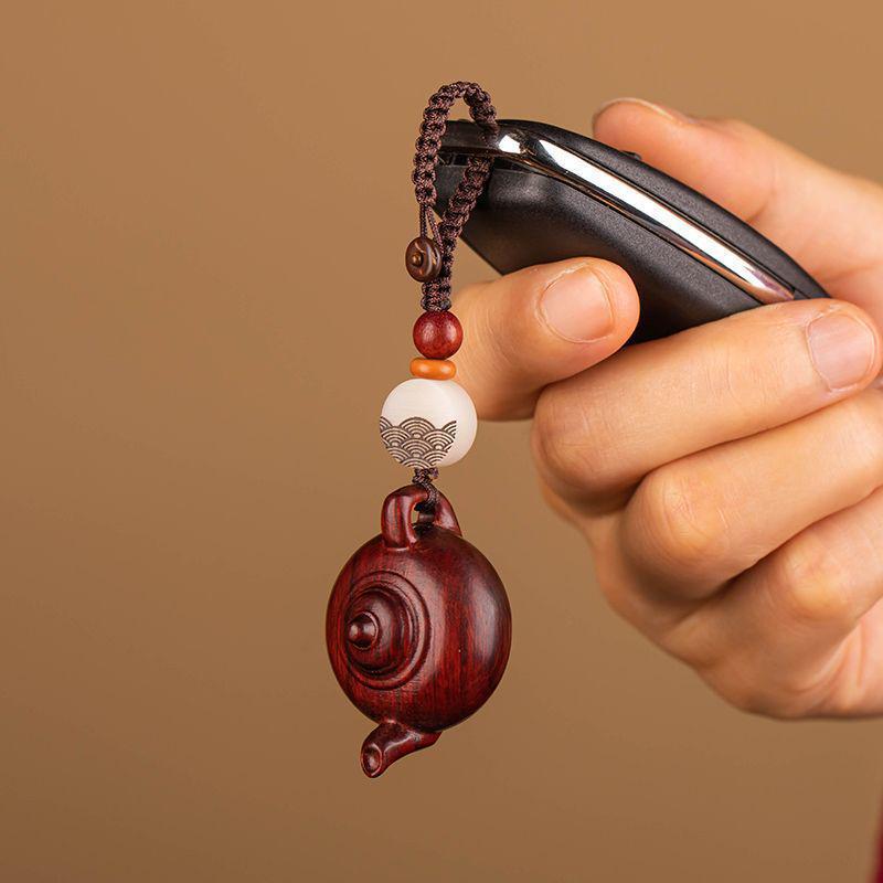 Rosewood Handle Pot Car Key Pendant Teapot Keychain for Men