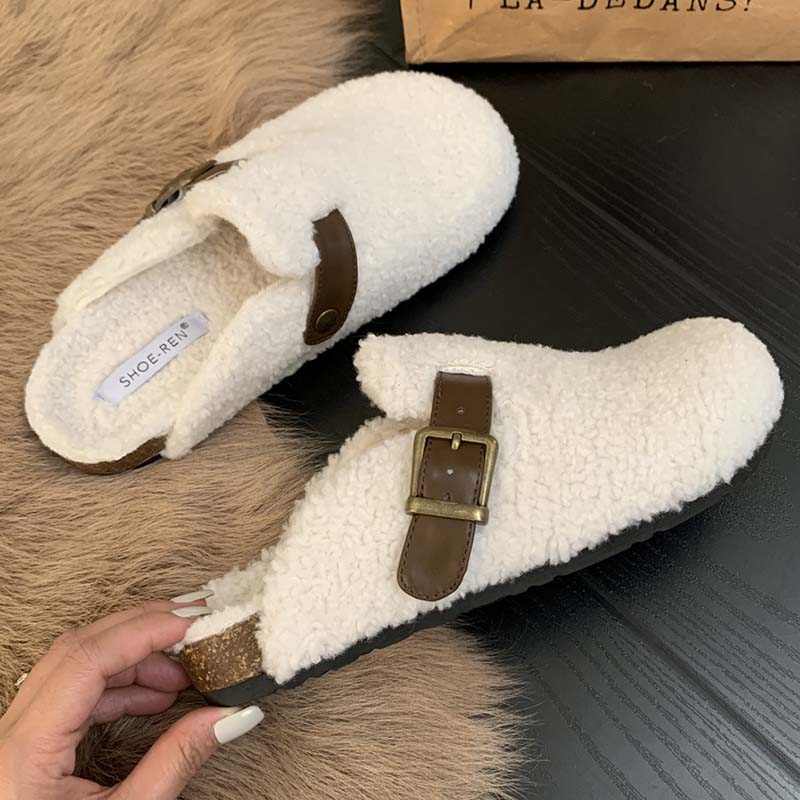 

Мода 2025 Зимние Теплые Женские Балетки с Мехом Модные Туфли Мюли с Мехом на Пряжке Повседневные Уличные Домашние Женские Шлепанцы 35 бежевый