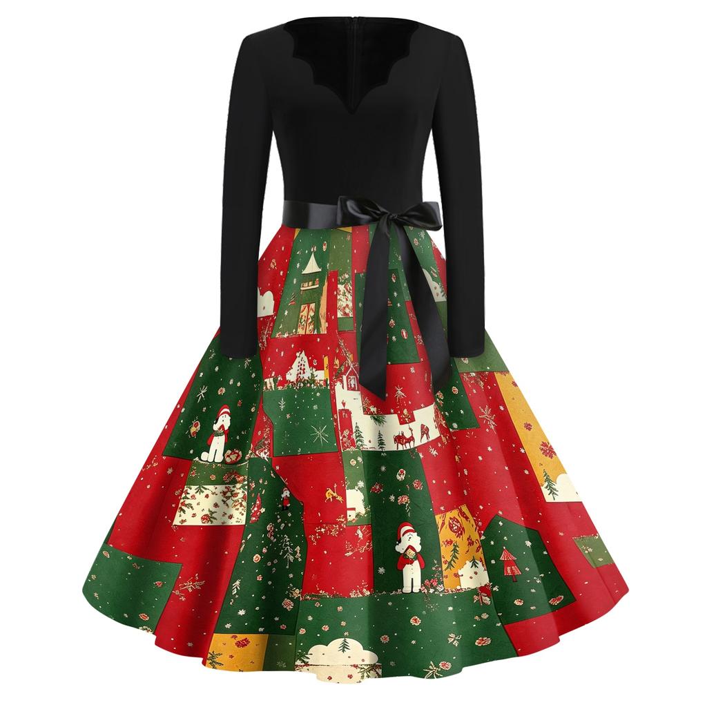 Women's Casual Christmas Print V-Neck Vintage Dress for Holiday Party and Daily Wear