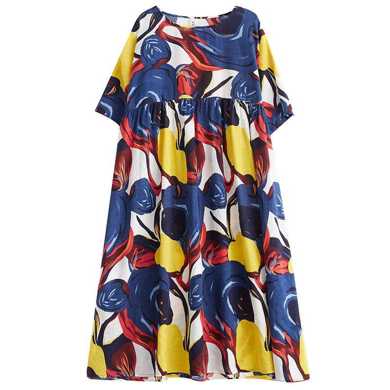 Simple Literary Rustic Style Small Fresh Summer New Loose Thin Abstract Print Short-sleeved Dress Female