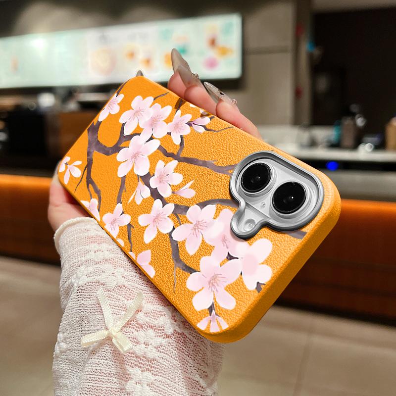 Hand-drawn Style Sakura Pattern Case For iPhone 17 Pro Max Leather Texture Soft Silicone Cover For iPhone 16 15 14 13 Pro 12 11 16E Air