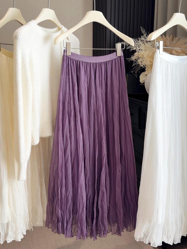 Elegant Versatile High-Quality A-Line Pleated Mesh Skirt for Women - Mid-Length Fairy Style