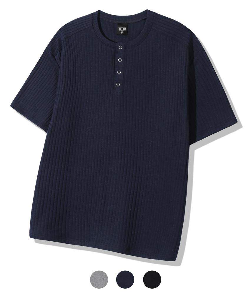 TRILLION Ribbed Ring Snap Henley Neck Short Sleeve T-Shirt_3Color