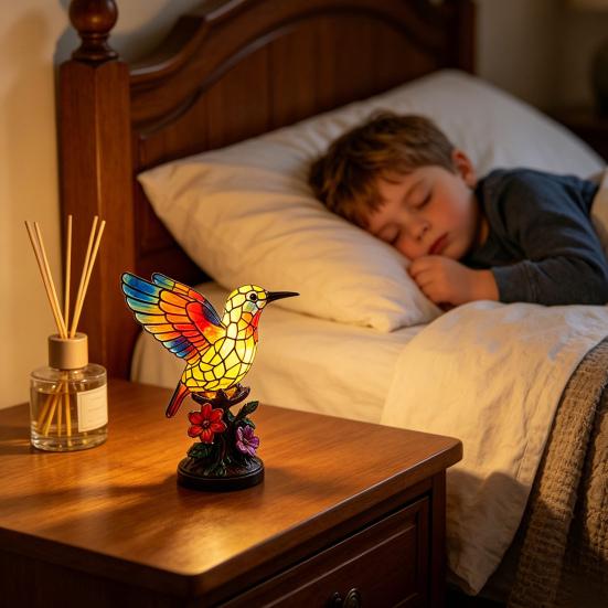 Handmade Stained Glass Bird Night Light, Hummingbird Floral Table Lamp, Vintage Resin Decorative Bedside Lamp for Bedroom, Living Room, Nursery