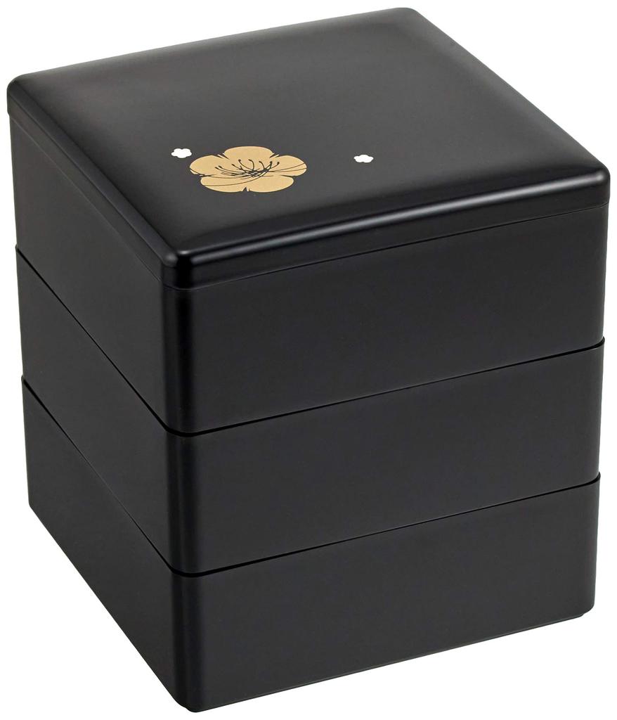 Wakaizumi Lacquerware Plum Blossom Design 3-Tiered Box, 4-inch, Black, (Black Interior), H-155-75-A