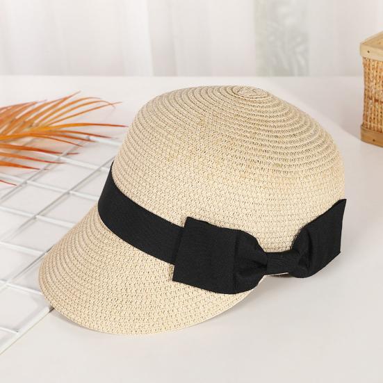 Chapeau de paille Large Ruban Noir Nœud Dôme Visière Plate Casquette de Baseball Léger Respirant Chapeau Protection Solaire