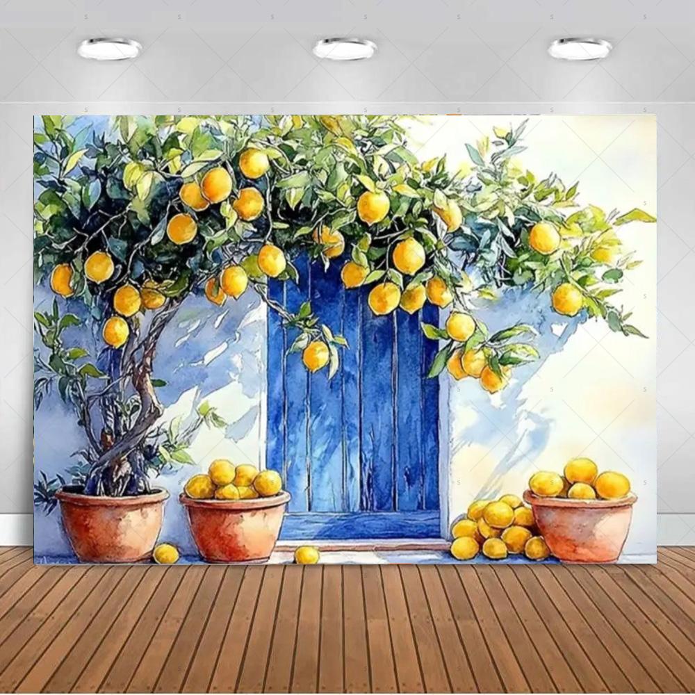 Seaside Town Lemon Tree Background Banner Open Window Landscape Backdrop Supplies Photography Prop Birthday Party Decorations