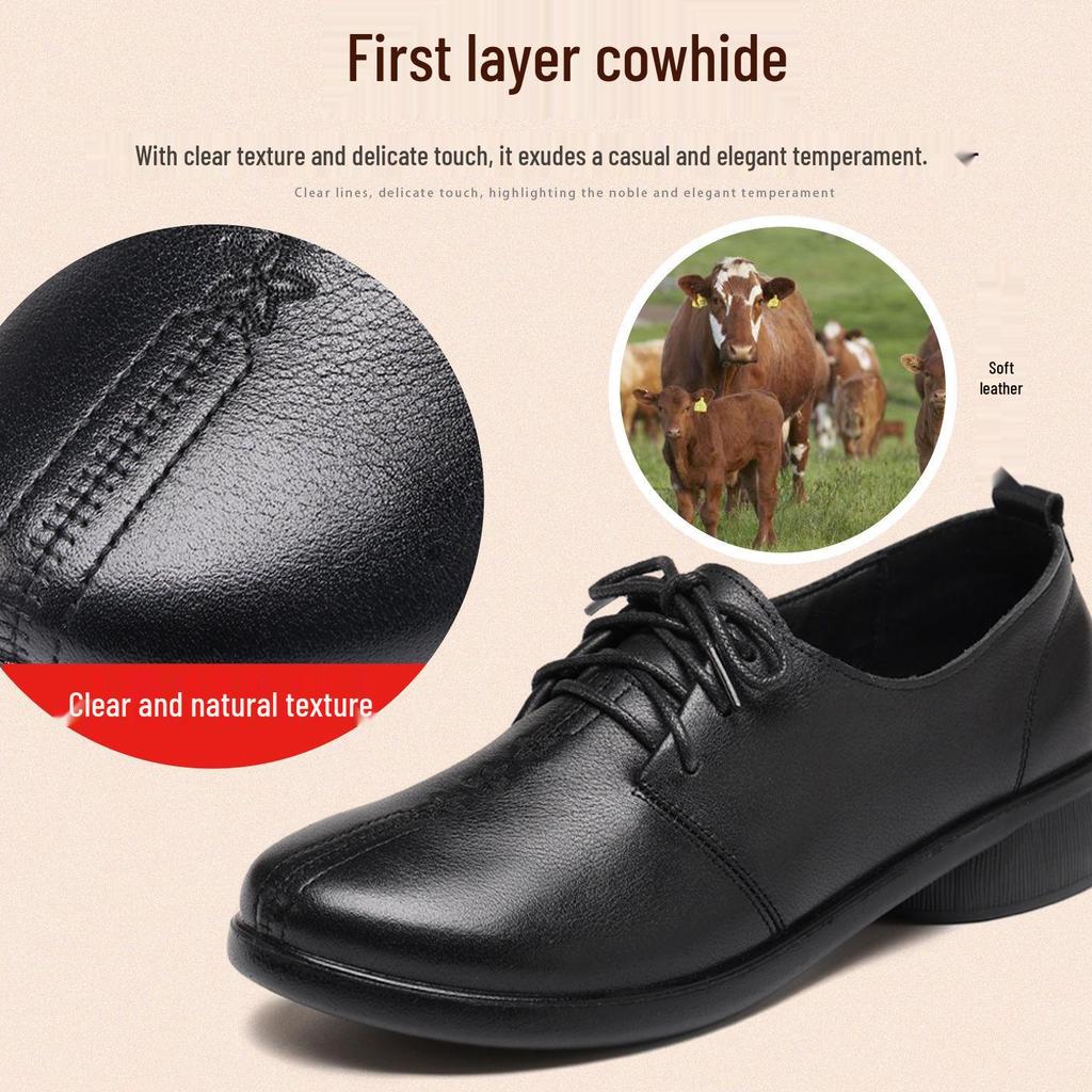 Genuine Leather Soft Sole Non-slip Lace-up Flats for Women, Plus Size, Round Toe, Autumn Style.