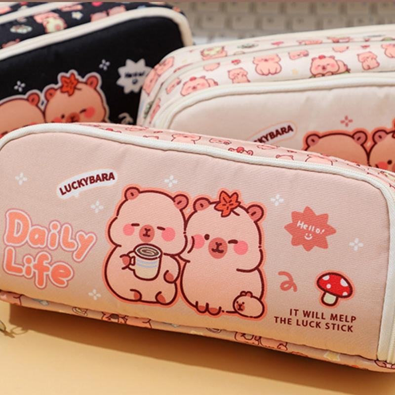 Cartoon Pencil Case Multi Compartments Canvas Pencils Bag Portable Pen Organiser Travel Cosmetic Bag for Student Women