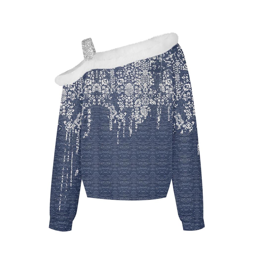 Women's And Winter Long Sleeved Single Shoulder Strap Printed Pullover Top