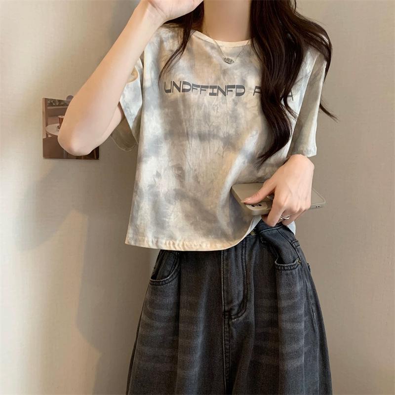 Women's 2025 Summer Retro Tie-Dye Loose Fit Letter Print Tee