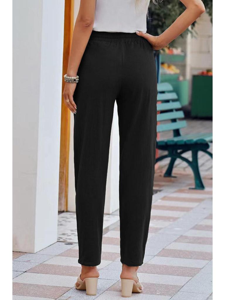 Herbst Damen Baumwoll-Leinen Kordelzug Weitbein Hose