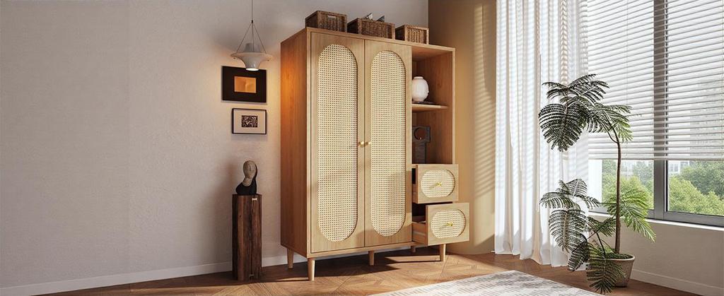 Wardrobe country house style oak 161x120x48 cm wood, 2 doors, 2 drawers, open shelves, with clothes rail, ideal for bedroom and hallway