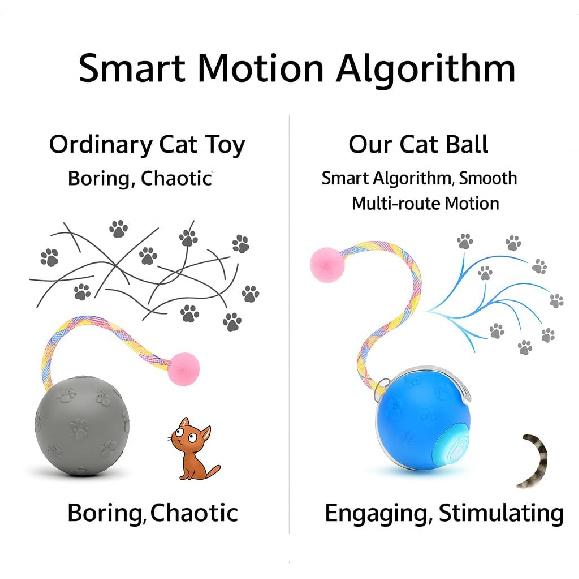 Interactive Cat Ball Toy, Automatic Self-Rolling, Motion-Activated, 3 Replaceable Teaser Wand Tails, Food-Grade TPU-Reinforced, Built-In Bluetooth