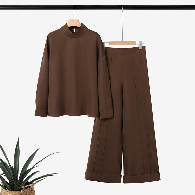 

ZANZEA Женский Блузка с длинным рукавом и высоким воротником и брюки Повседневные костюмы-двойки 2XL светло-коричневого