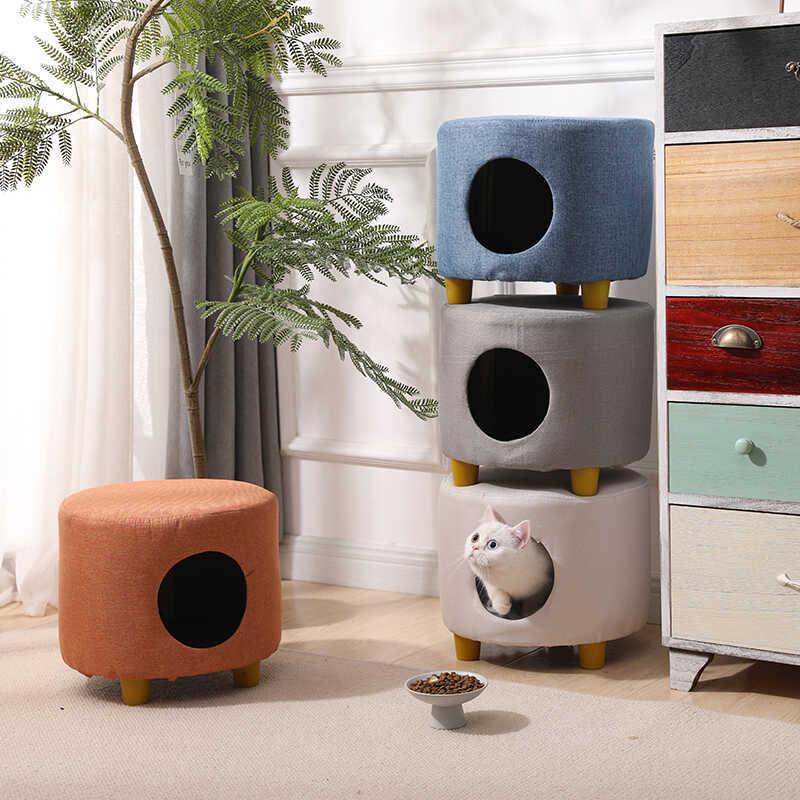 Solid Wood All-Season Cat Bed Stool: Warm Winter Semi-Enclosed Pet Bed for Kittens and Puppies