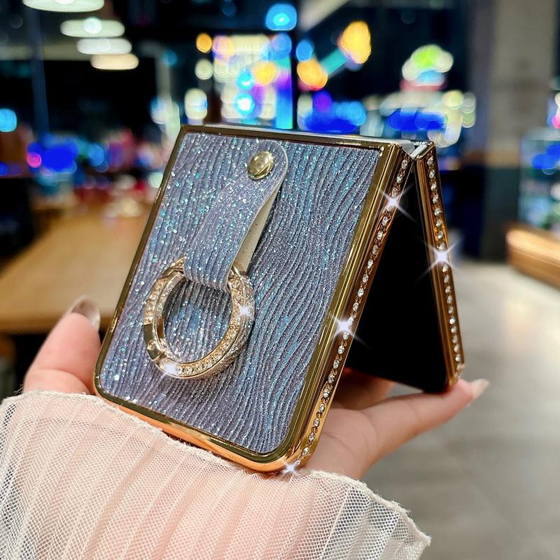 Glitter Diamond Frame Plating 2pcs Phone Case For Samsung Galaxy Z Flip6 Flip5 Flip4 Flip3 Luxury Leather Shockproof Metal Ring Hard PC Folding Cover