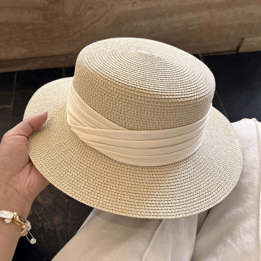 Fashion Wide Brim Summer Sun Hats UV Protection Ribbon Decor Flat Top Hat Versatile Adjustable Beach Hats for Women
