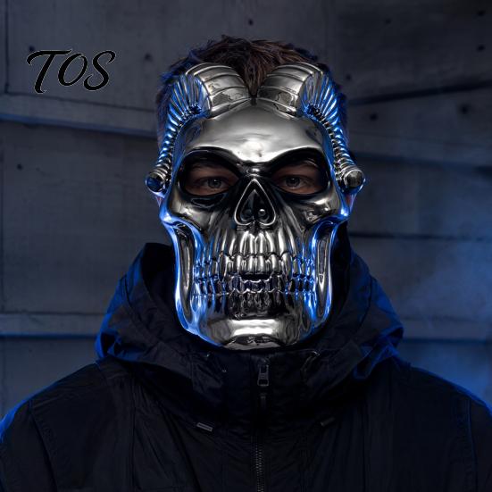 Detailed Devil Mask Halloween Skull Mask, Silver Demon Ram Horn Face Realistic Horned for Party, Scary Headgear, Glossy Metallic Cosplay Prop