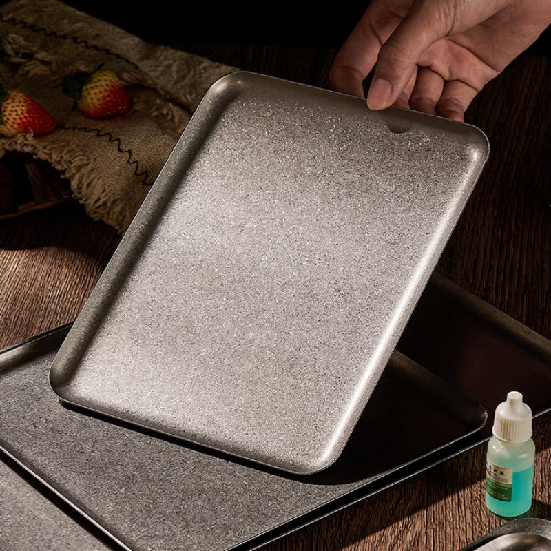 Vintage 304 Stainless Steel Snowflake Silver Square Tray Round Edge Dinner Plate Dessert Grill Tray Steak Plate Decorative Tray