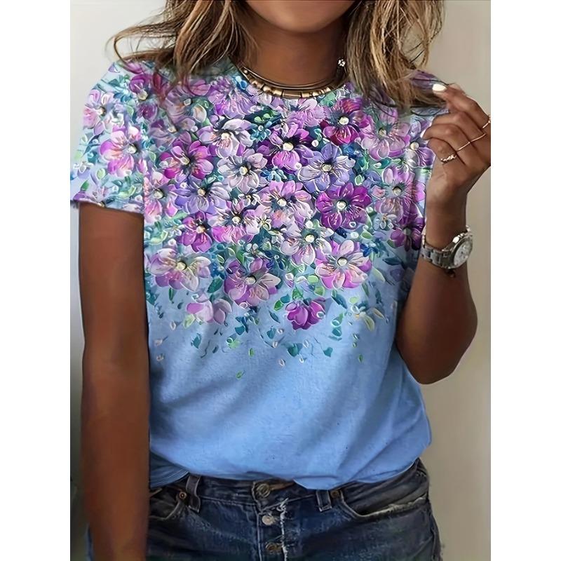 Ladies  casual floral print round neck T-shirt S