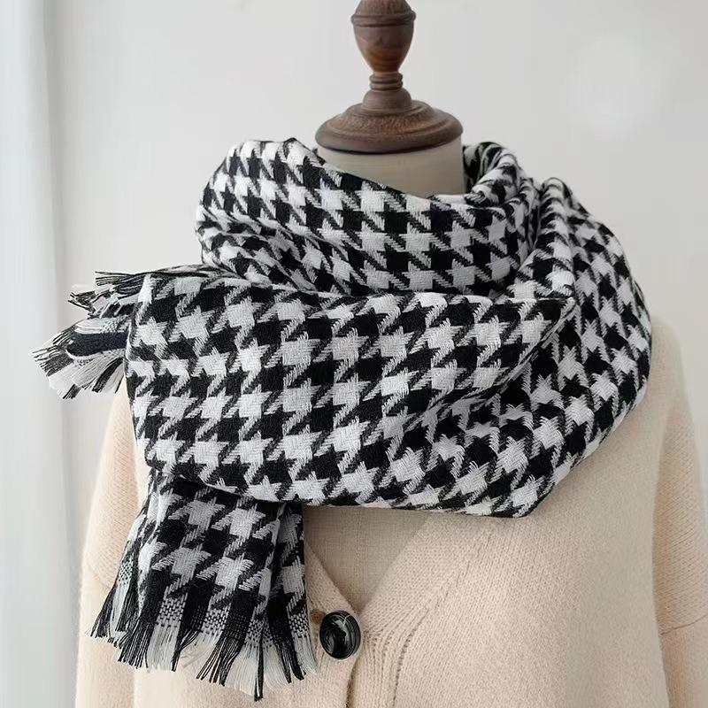 Versatile Thousand Birds Scarf Imitation Cashmere Scarf Autumn and Winter Women's Premium Sense Warm Tassel Plaid Shawl Light Luxury