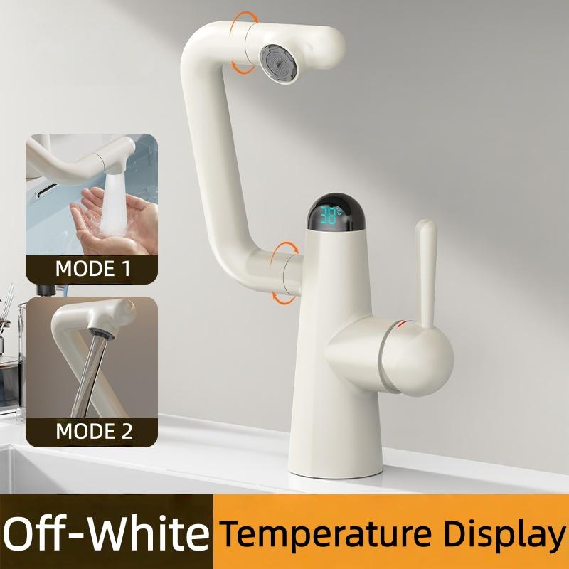 

LED Temperature Display Basin Faucet 2 Modes Sprayer LED Light Hot Cold Water Sink Mixer Wash Tap Single Hole Bathroom include 60cm hose грязно-белый