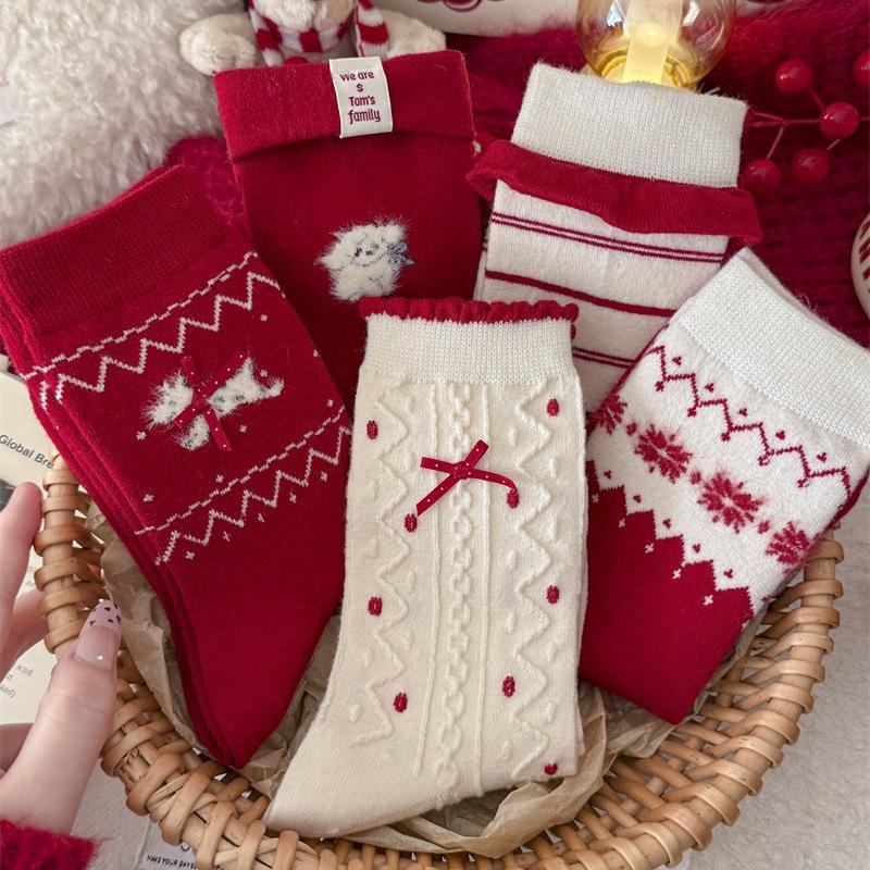 Christmas Bright Red Warm Wool Socks Bow Striped Cartoon Tube Socks New Year'S Red Stacking Socks