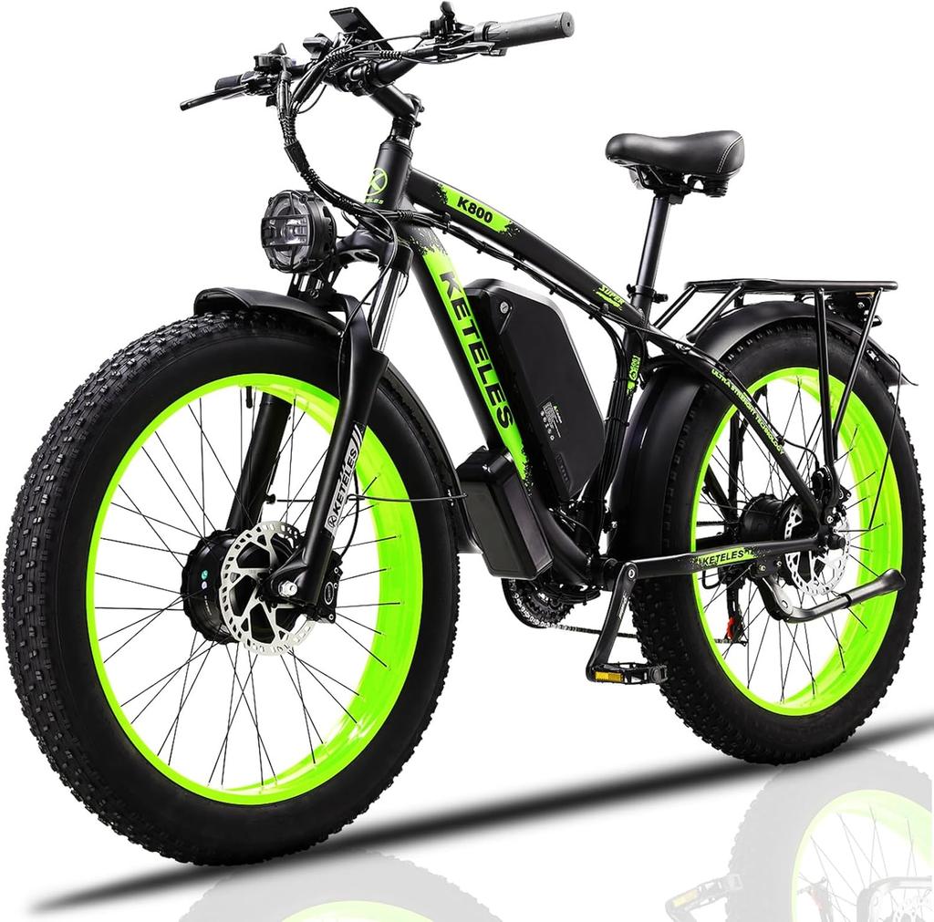 Electric Bike All Terrain Keteles 26" 1000Wx2 Motor Adult Fat Tire Electric Bicycle 21 Speed Top Speed 50Km/h Load 150Kg Green K800