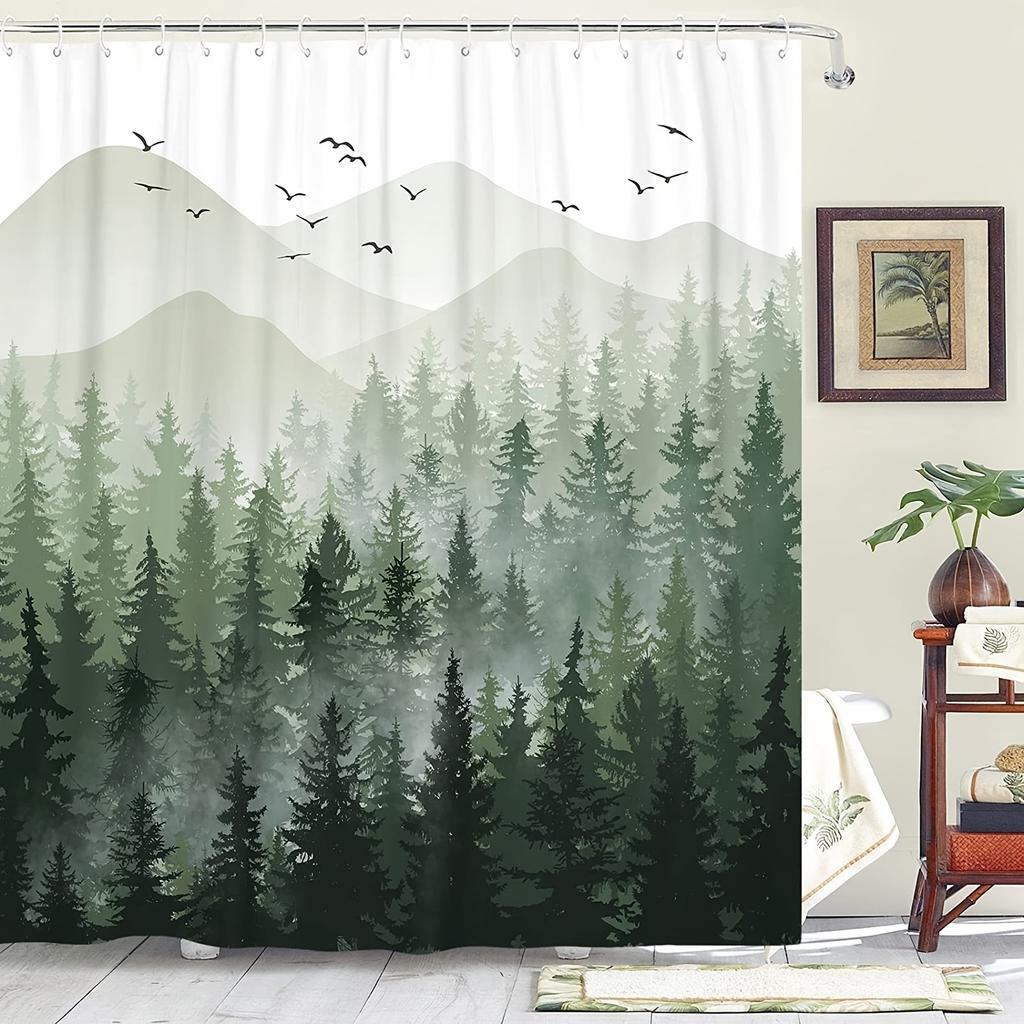 1pc Green Mist Forest Shower Curtain - Waterproof, Modern Minimalist Bath Decor, Bathtub Partition, Bathroom Accessories
