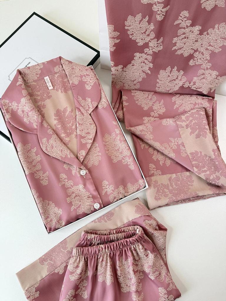 Cationic Chinese Style Ice Silk Jacquard Pajamas Set for Women - Retro Homewear Also Suitable for Outdoor Wear